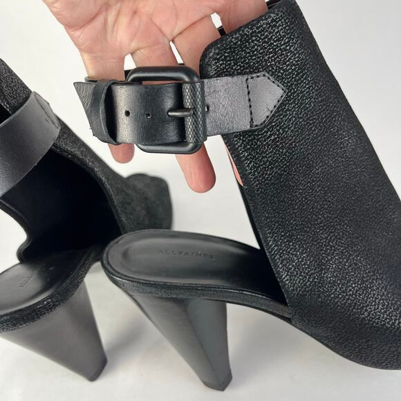 Allsaints Open Toe Heels Branson Sz 40 9 Black Ankle Strap Cone Heel Sandals - Picture 6 of 12